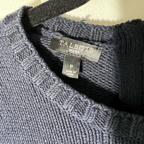 Talbots Petite Womens Navy Baubles Pom‎ Pom Polka Dot Cotton Blend Sweater Small - Picture 2 of 12